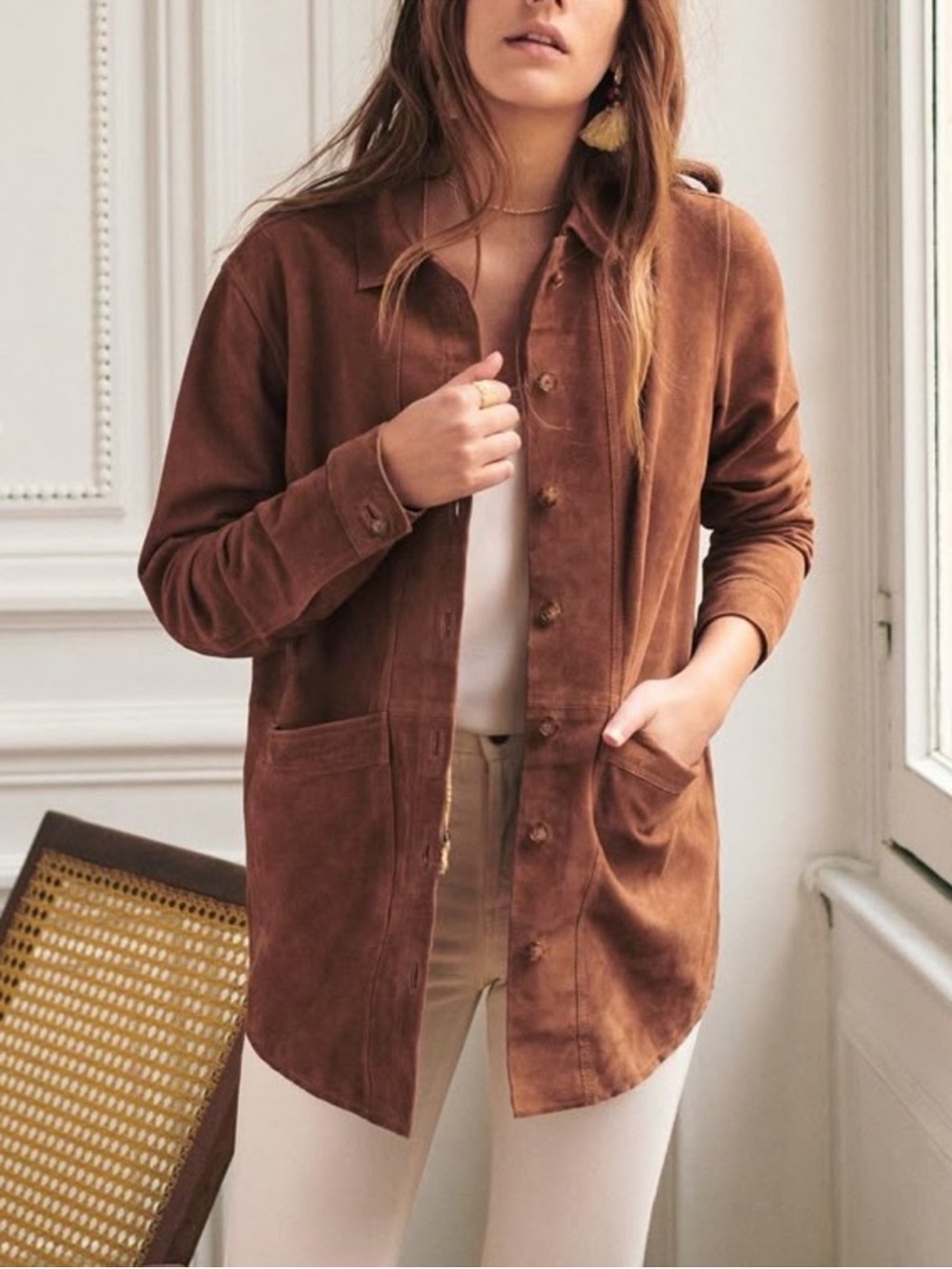 Sézane Will Suede Tan Goat Leather Button Jacket